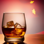 AI-generated image of a glass of brown spirit over ice with a Chinese flag in the background