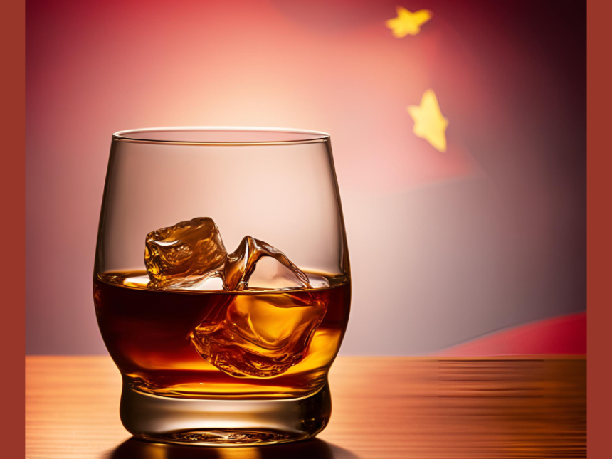 AI-generated image of a glass of brown spirit over ice with a Chinese flag in the background