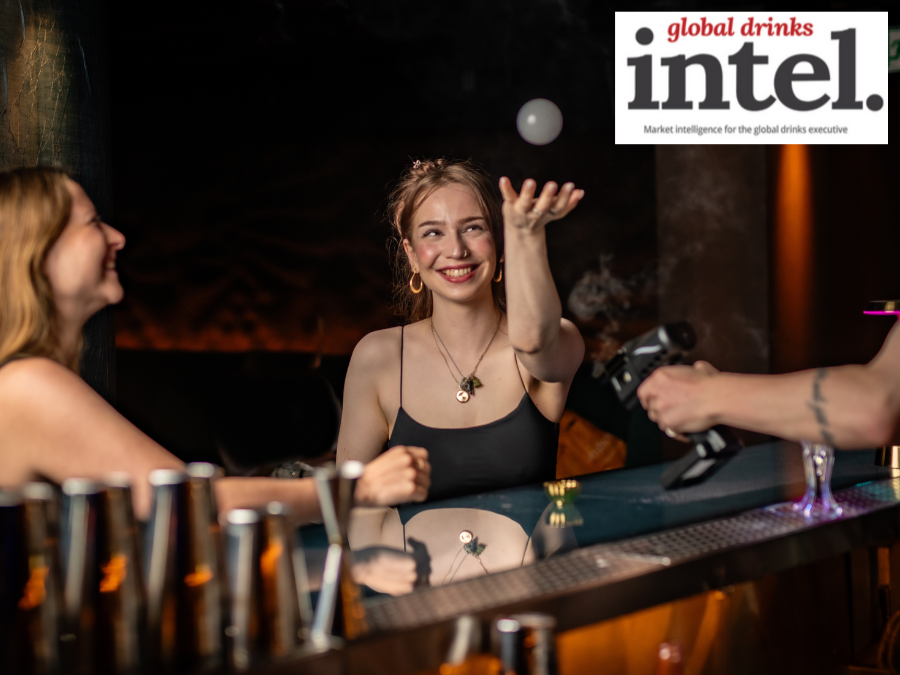 Customers at a bar with a floating bubble of aroma smoke