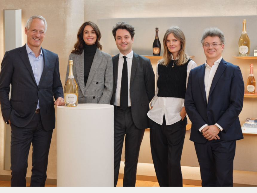 Philippe Schaus (CEO Moët Hennessy), Maggie Frerejean-Taittinger (co-founder French Bloom) Rodolphe Frerejean-Taittinger (CEO French Bloom), Constance Jablonski (co-founder French Bloom), David Serre (Executive Vice President Strategy - Finance Moët Hennessy)
