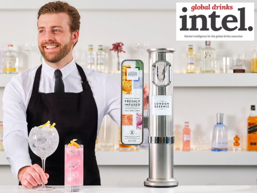 Bartender with a serve standing next to a London Essence-branded font on a bar