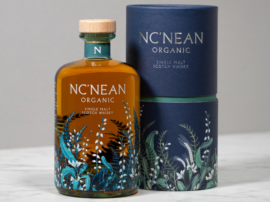 Bottle of and box for Nc'nean organic single malt scotch whisky