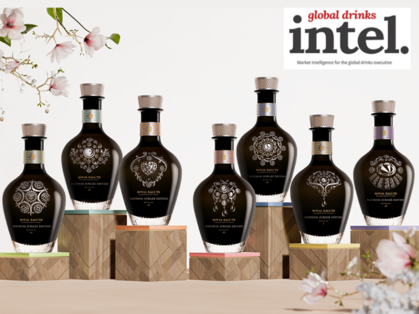 The seven bottles in the Royal Salute Platinum Jubilee Collection