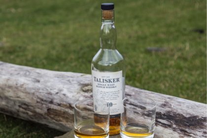 Bottle of Talisker ten-year-old with two glasses