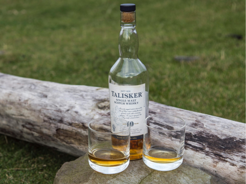 Bottle of Talisker ten-year-old with two glasses