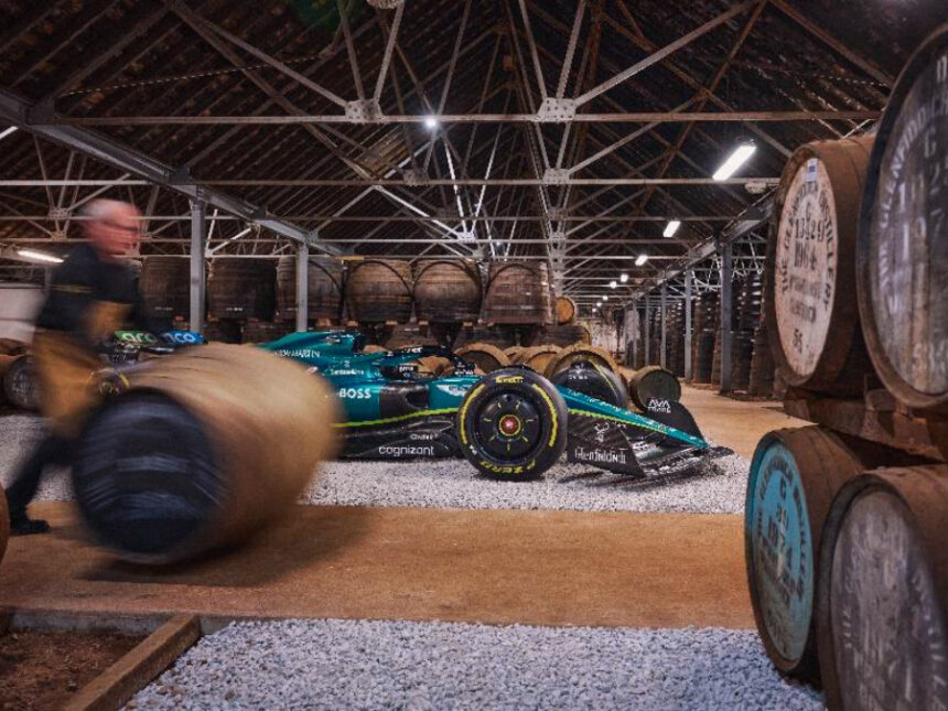 An Aston Martin Formula One car inside Glenfiddich warehouse