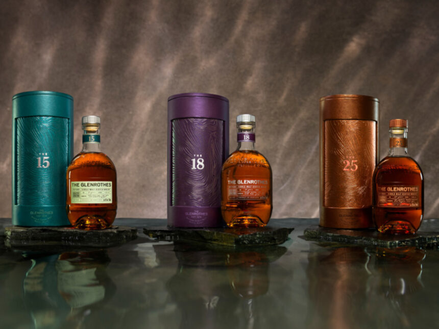 Bottles of and boxes For The Glenrothes The 15, The 18 and The 25