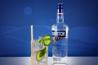 Bottle of Tovaritch Vodka with a long-serve drink