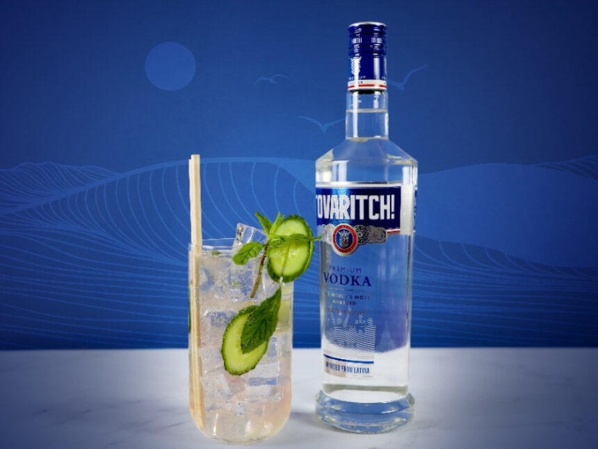 Bottle of Tovaritch Vodka with a long-serve drink