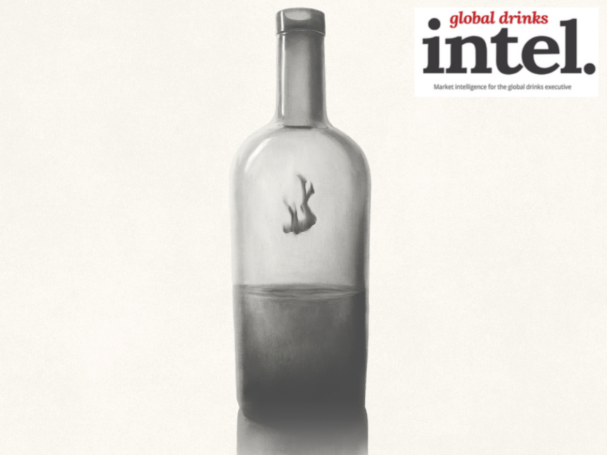 Image of a person falling inside a half-empty bottle