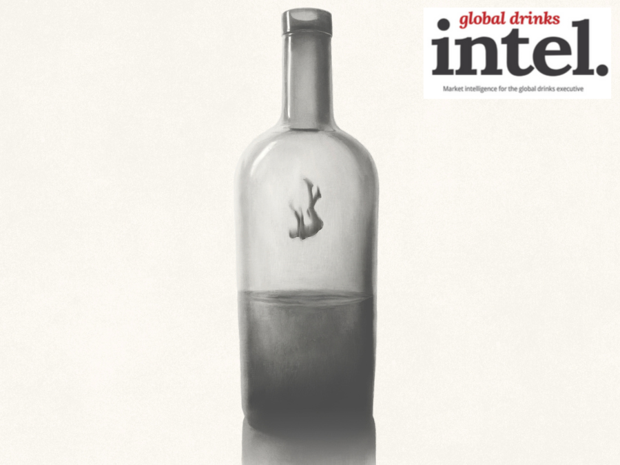 Image of a person falling inside a half-empty bottle