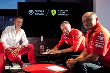 Chivas Brother CEO Jean-Etienne Gourgues with Frederic Vasseur, team principal at Scuderia Ferrari HP