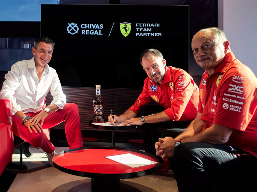 Chivas Brother CEO Jean-Etienne Gourgues with Frederic Vasseur, team principal at Scuderia Ferrari HP