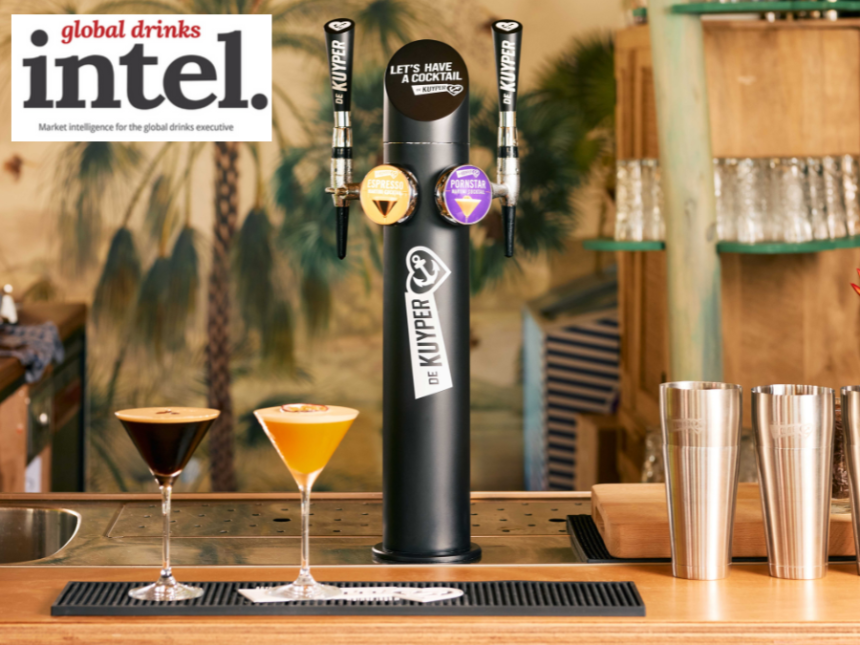 De Kuyper branded premix cocktail font on a bar