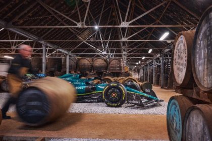 An Aston Martin Formula One car inside Glenfiddich warehouse