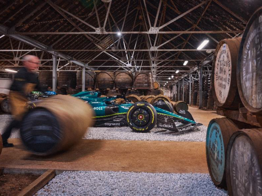 An Aston Martin Formula One car inside Glenfiddich warehouse