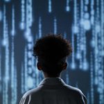A child standing in front of a digital screen