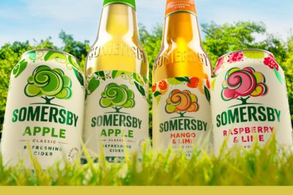 Two bottles and two cans of Somersby with updated livery