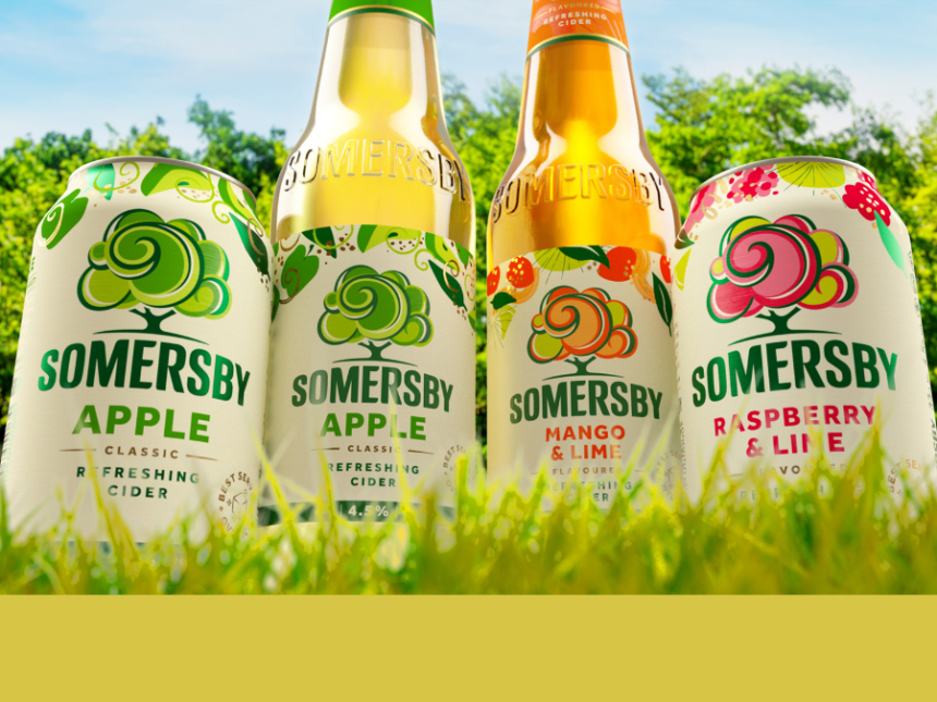 Two bottles and two cans of Somersby with updated livery