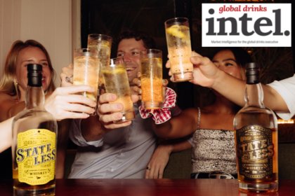 Drinkers with two bottles of Stateless American whiskey
