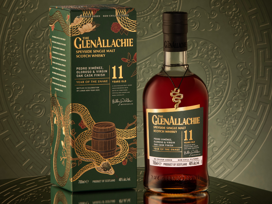 Bottle of and box for The GlenAllachie 11-year-old Pedro Ximénez, Oloroso & Virgin Oak Cask Finish, Year of the Snake