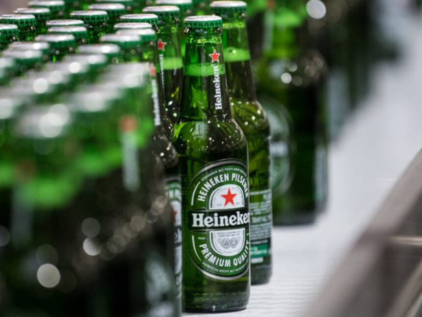 Bottles of Heineken on a production line