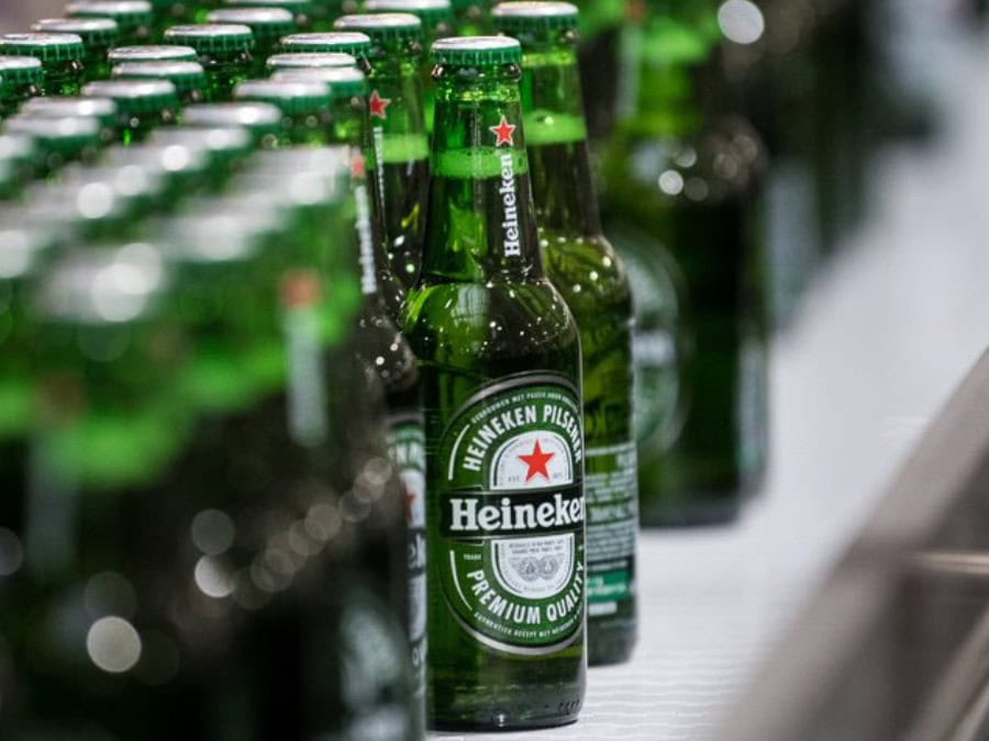 Bottles of Heineken on a production line