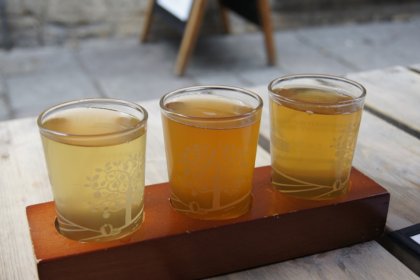 Three glasses of cider on a tasting tray