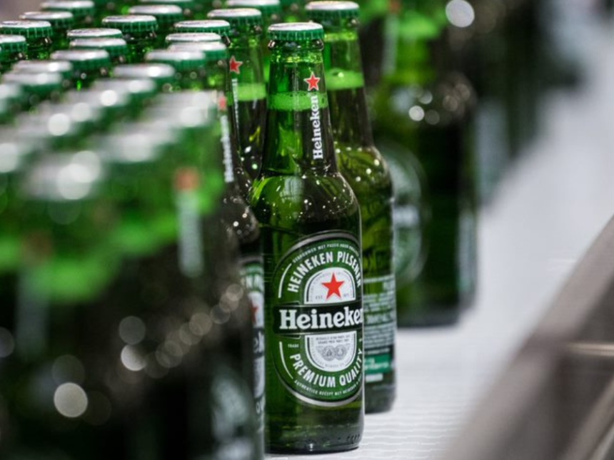 Bottles of Heineken on a production line