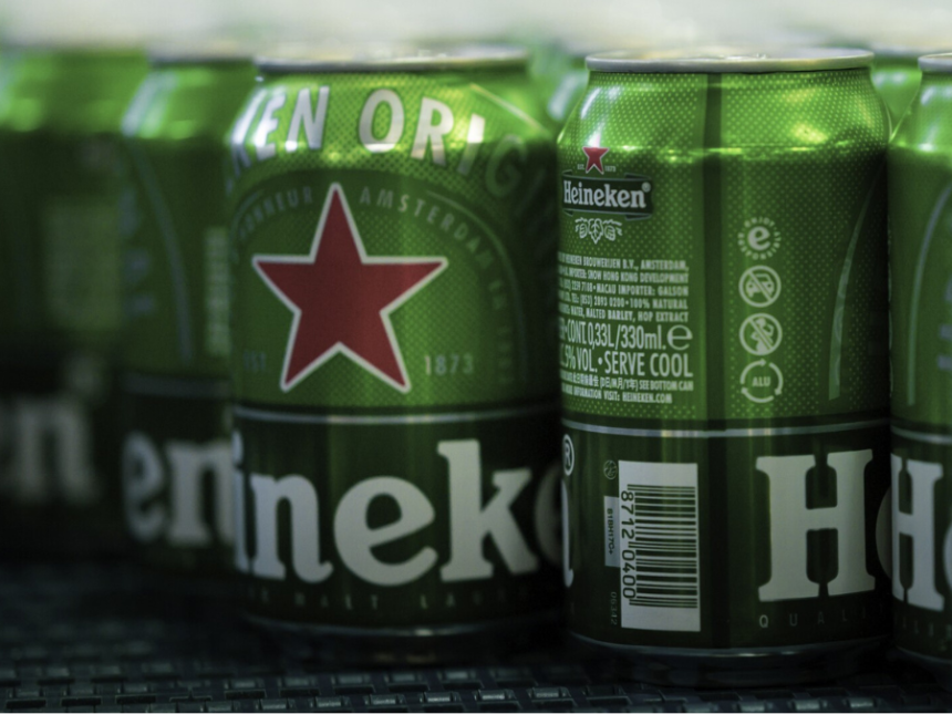 Cans of Heineken on a production line