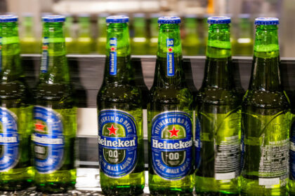 Bottles of Heineken 0.0 on a bottling line
