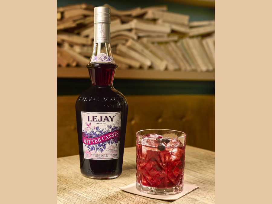 Bottle of Lejay Bitter Cassis with negroni serve