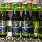 Bottles of Heineken 0.0 on a bottling line