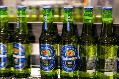 Bottles of Heineken 0.0 on a bottling line