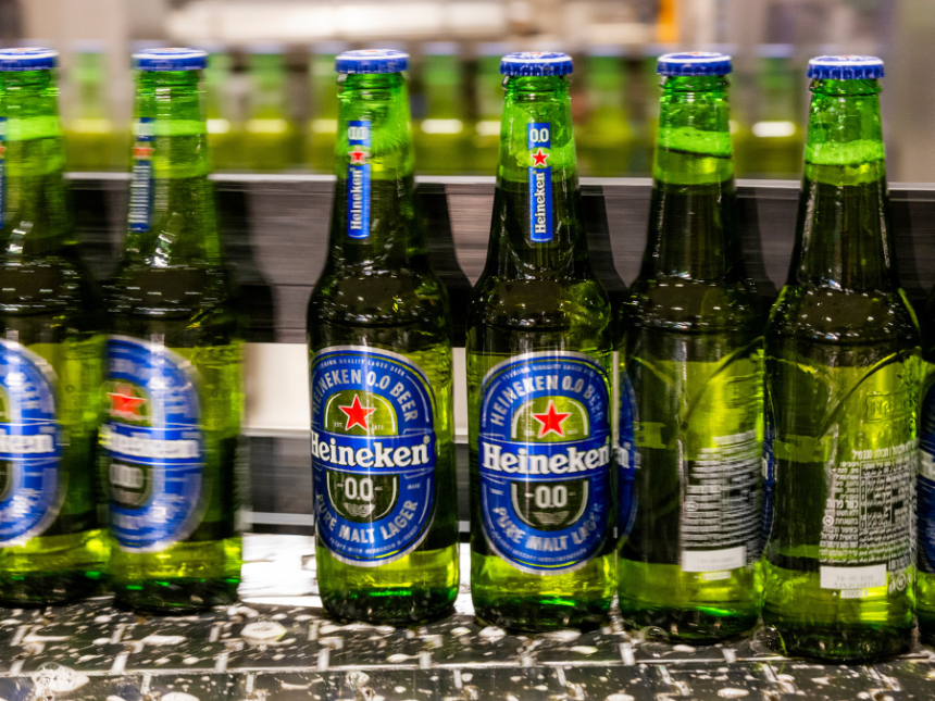Bottles of Heineken 0.0 on a bottling line