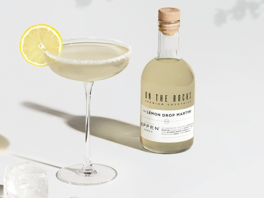 Bottle of On the Rocks Lemon Drop Martini with a serve