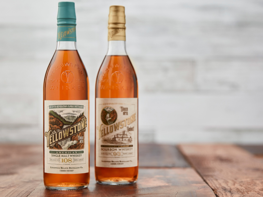 A bottle each of Yellowstone American Single Malt Whiskey and Bourbon Whiskey