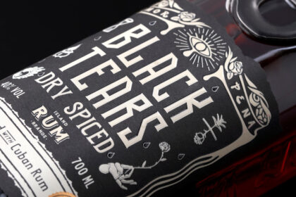 Close-up of Black Tears Dry Spiced Rum bottle