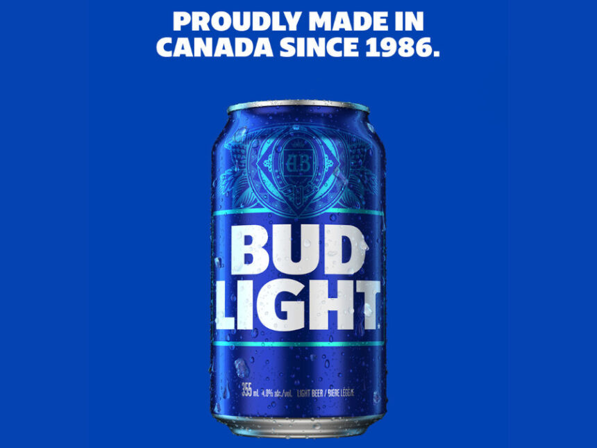 Can of Bud Light with text stating the brand has been brewed in Canada since 1986