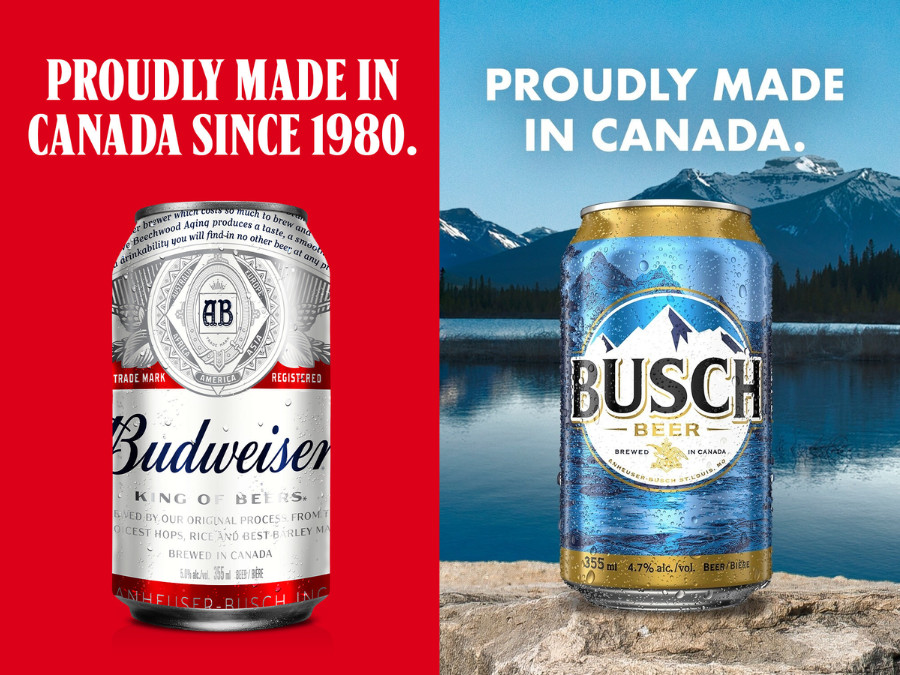 Budweiser and Busch beer adverts with 'Made in Canada' slogan