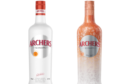 The previous bottle for Archers Schnapps next to the new bottle