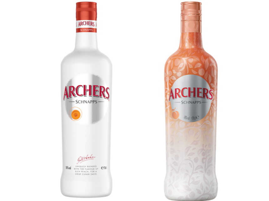 The previous bottle for Archers Schnapps next to the new bottle