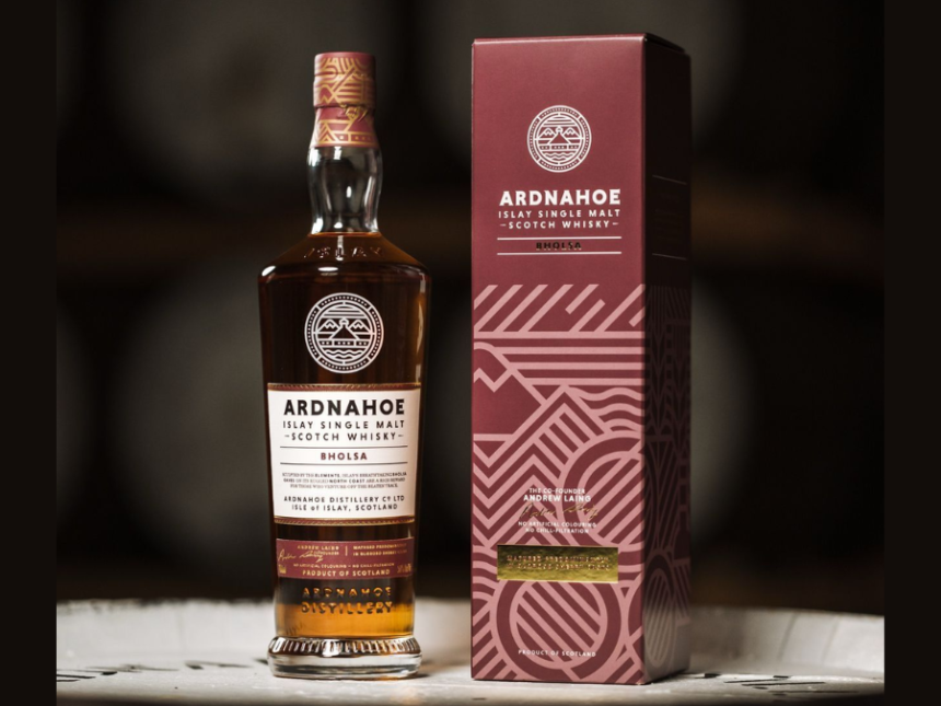 Bottle of Ardnahoe Bholsa whisky next to box