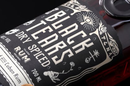 Close-up of Black Tears Dry Spiced Rum bottle