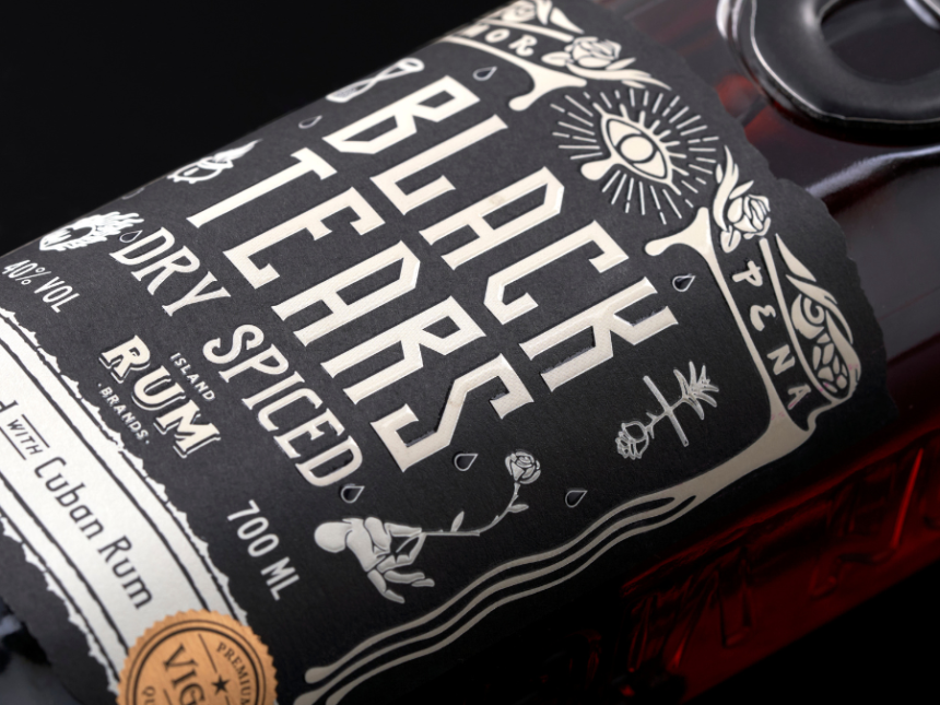 Close-up of Black Tears Dry Spiced Rum bottle