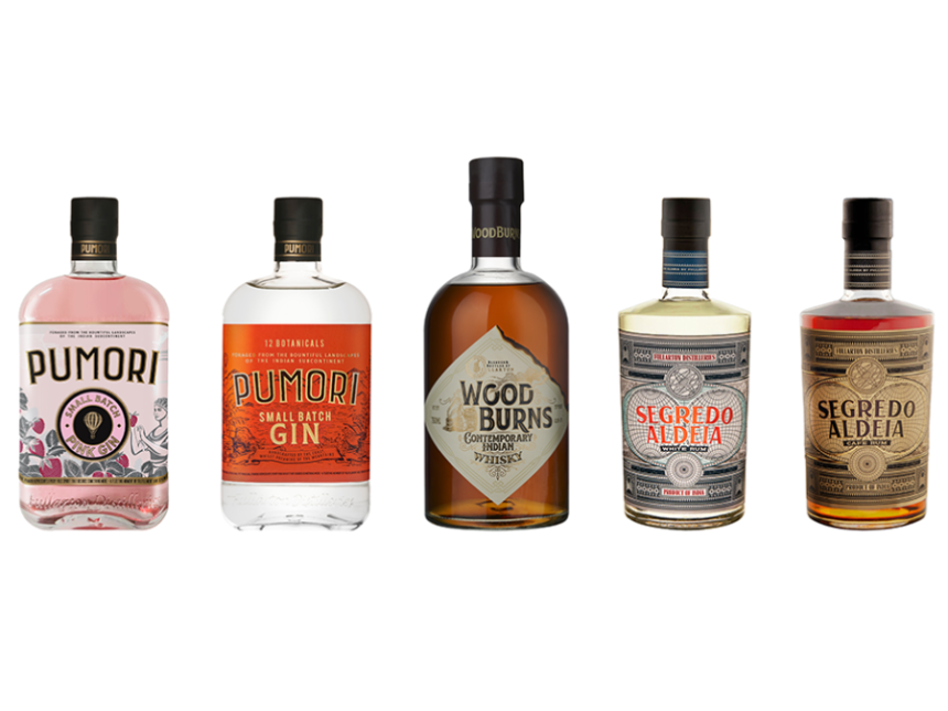 Bottles of Woodburns Contemporary Indian Whisky, Pumori Small Batch Gin and Segredo Aldeia Rum