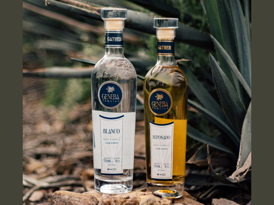 Geneba Tequila bottles on a rock