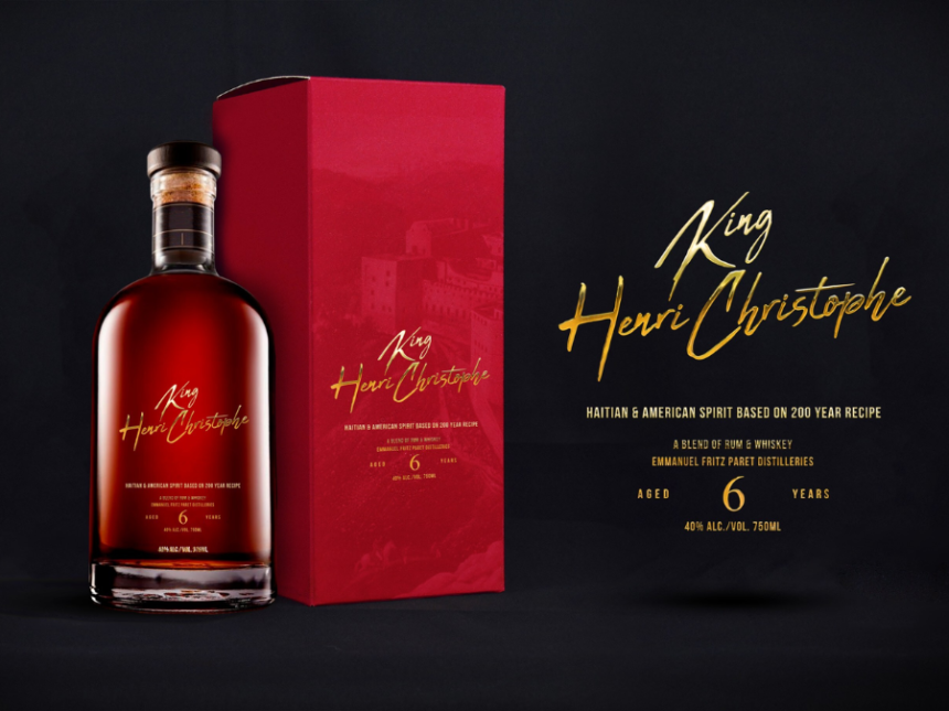 King Henri Christophe whiskey bottle next to box and text