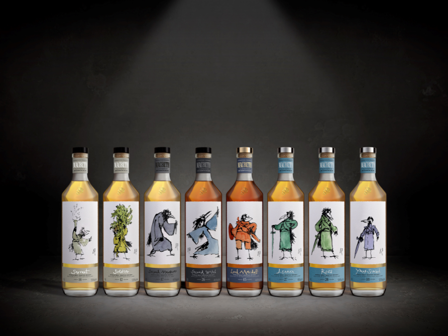 Eight Macbeth Act II whisky bottles