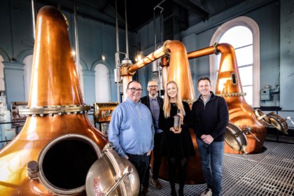 Peter Lavery of Titanic Distillers with David McCurley Director of Whiterock Sara McCrea Investment Manager Whiterock and Stephen Symington